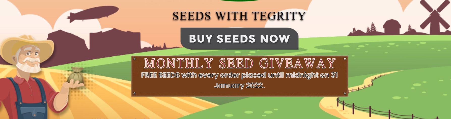 Tegrity Seeds Banner page showing the farmer holding a bag of seeds, the Cardington Hangers with a blimp flying above them, a buy seeds now button, a notice of free seeds until 31 January 2022.