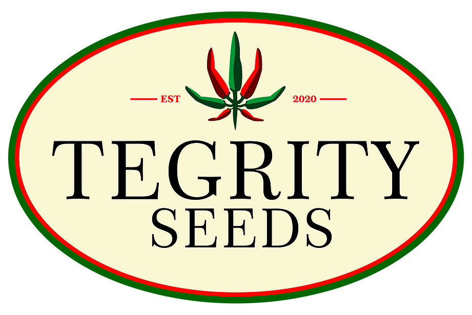 Logo for Tegrity Seeds with an image of seven green and red chillies growing upwards in a display similar to a leaf in shape. With the words Established 2020.