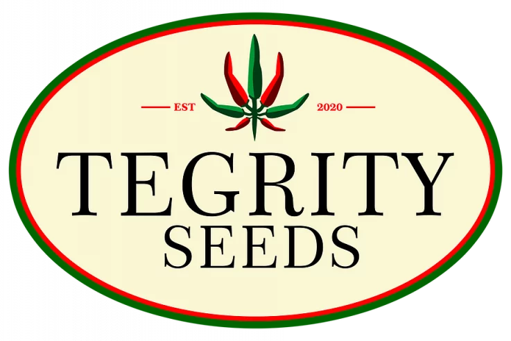 Logo for Tegrity Seeds with an image of seven green and red chillies growing upwards in a display similar to a leaf in shape. With the words Established 2020.